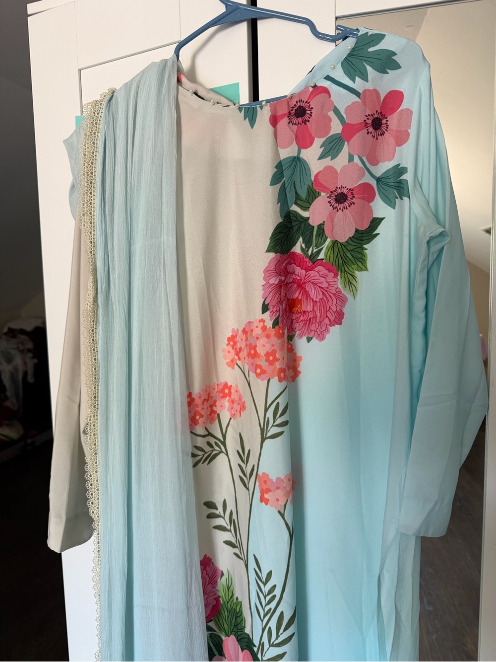 Lulusar Light Blue Floral Embroidered Long shirt with dupatta (2 piece)